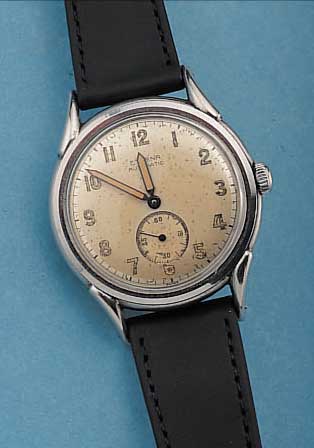ETERNA HERRENARMBANDUHR AUTOMATIK, SCHWEIZ UM 1948, EDELST., BODEN GESCHR., VERS. BLATT L. FL., AUßER LEDERB. ORIG.-ZUSTAND, SOGEN. ...