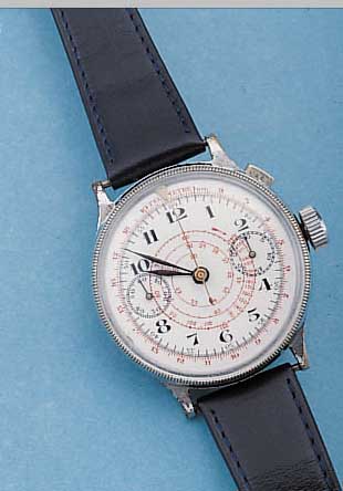 FLIEGERCHRONOGRAPH, SCHWEIZ UM 1934, METALL VERN., BODEN U. GLASR. GEDR., LüNETTE M. INNEN-ZEIGER BEIDS. DREHB., EMAILBL., TELEMETER- AUßEN-, ...