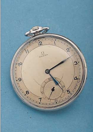 OMEGA HERRENTASCHENUHR LEPINE, REF.-NR. 8832695, SCHWEIZ UM 1938, EDELST., BODEN U. GLASR. GEDR., 2-FARB. BLATT FL., WERK VERG., 15 ST., KAL. ...