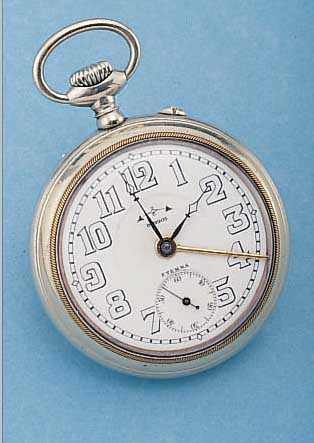 ETERNA TASCHENWECKER, SCHWEIZ UM 1914, NIK- KEL AUFSTELLB., EMAILBL., SCHWEIZER PATENT- NR. 42203, GEH- U. WECKWERK EIN FEDERH., WERK VERG., ...