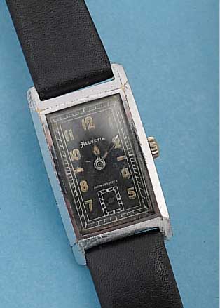 HELVETIA HERRENARMBANDUHR SHOCKABSORBER, REF.-NR. 3993790, SCHWEIZ UM 1938, NICKEL/ CHROM, RECT., SCHARNIERBODEN, ORIG.-BLATT FL., KL. ...