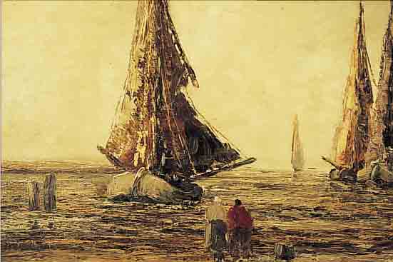 GRüN, W., DEUTSCHER MALER, DüSSELDORFER SCHULE, FISCHERBOOTE AM STRAND, ÖL/LWD, RE. U. SIGN., CA. 55 X 75 CM, R., REINIGUNGS- BEDüRFTIG