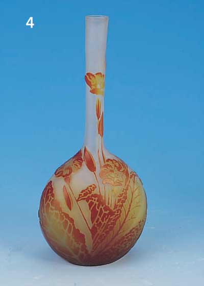 VASE, FRANKREICH, SIGN. GALLé, UM 1925-28, , FARBLOSES GLAS GELB UND BERNSTEINFARBEN üBER- FANGEN, GESCHNITTEN UND GESCHLIFFEN, FLORALER DEKOR, H. ...