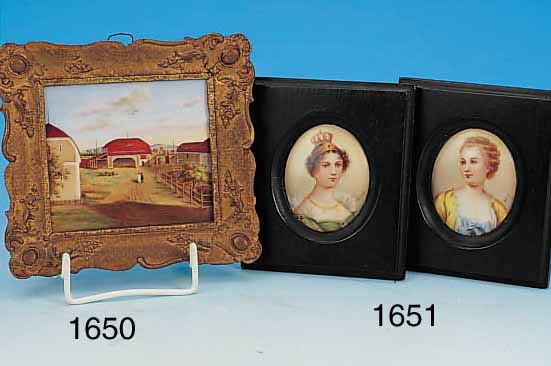 ZWEI PORZELLANBILDER, UM 1900/10, LITHOGR. U. AUSGEMALT, ZWEI BUNTE DAMENPORTRAITS, WOHL HORTENSE 1. U. MARQUISE DE POMPADOUR, IM OVAL,D. 7 CM, IN ...
