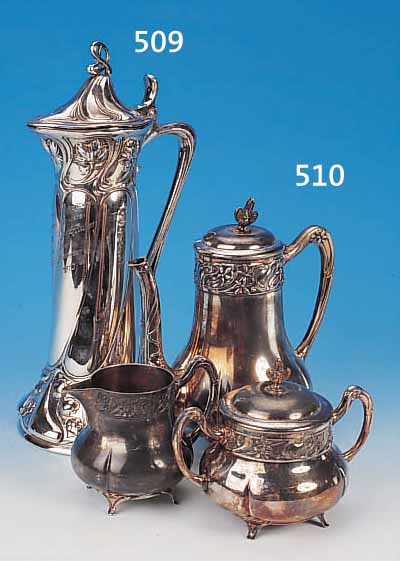 KAFFEE- UND TEESET, DEUTSCH, WMF, UM 1905-10,  METALL VERSILBERT, RELIEFIERTER FLORALER ...