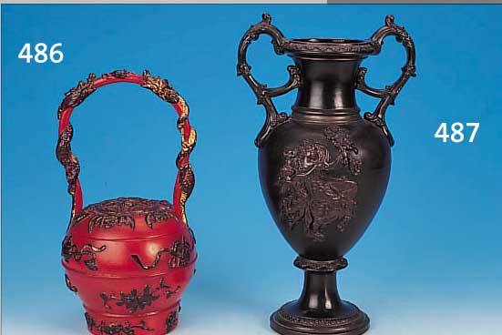 DOPPELHENKELVASE, THüRINGEN, UM 1890, FEIN- STEINGUT, BRONZEFARBEN GLASIERT, AUFGELEGTER ALLEGORISCHER DEKOR, H. CA. 41 CM