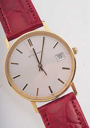 ETERNA HERRENARMBANDUHR QUARTZ, SCHWEIZ UM 1993, GG 750/000, FLACHE AUSF., HIGH-TECH- QUARTZWERK M. SEK.-TAKT U. DATUM, BODEN M. ...