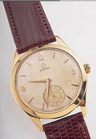 OMEGA HERRENARMBANDUHR, REF.-NR. 2619, SCHWEIZ UM 1953, GG 750/000, BODEN U. GLASR. GEDR., VERS. ORIG.-BLATT FL., KL. SEK. TEIL- VERT., ...