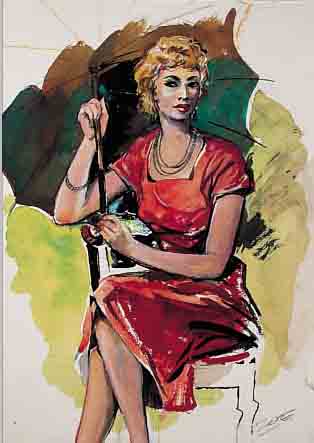 ZöLL, HEINZ, FRANKFURTER KüNSTLER, ELEGANTE DAME MIT SONNENSCHIRM, GOUACHE üBER BLEISTIFT, RE. U. SIGN., CA. 52 X 33 CM, LEICHT ...