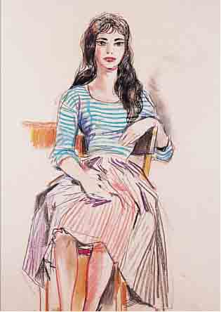 UNBEKANNTER GRAFIKER, DEUTSCH, 50ER JAHRE, SITZENDE JUNGE FRAU, FARBSTIFTZEICHNUNG, CA. 50 X 31 CM, PP