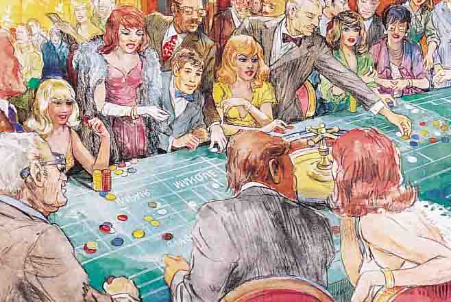 ZUSCHREIBUNG: ZöLL, HEINZ, GEB. 1909, VIELFIGURIGE GOUACHE, SZENE AUS EINEM SPIEL- CASINO, UNSIGNIERT, CA. 33.5 X 49 CM