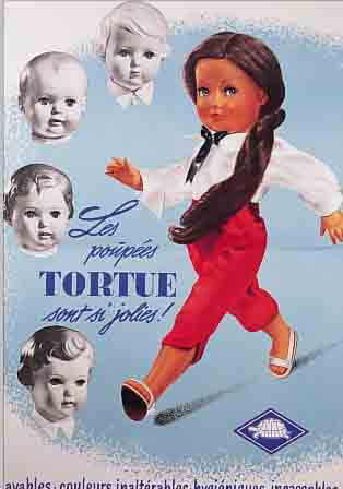 WERBEPLAKAT FüR SCHILDKRöT-PUPPEN, FRANKREICH,50ER JAHRE, FARBLITHOGRAPHIE AUF PAPIER, TEILS EINGERISSEN, GEFALTET, ALTERSBEDINGT LEICHT ...