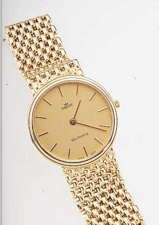 MAJESTIC HERRENGOLDBANDUHR, SCHWEIZ/DEUTSCH-LAND UM 1988, GG 585/000 INCL. GG-BAND, MINE- RALFLACHGL., HIGH-TECH-QUARTZWERK, BANDL. CA. 18,5 CM, EZW ...