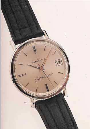 ETERNA MATIC HERRENARMBANDUHR CENTENAIRE, SCHWEIZ UM 1966, EDELST., KRONE ZUM SCHUTZ VERSENKT, BODEN GESCHR., VERS. BLATT, 21 ST., BASISKAL. ...