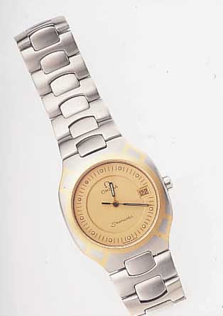 OMEGA HERRENARMBANDUHR SEAMASTER, SCHWEIZ UM1990, EDELST., EDELST.-BAND M. UNSICHTB. FALT-SCHL., SAPHIRFLACHGL., LüNETTE MASSIV GG IN- TARSIERT, ...