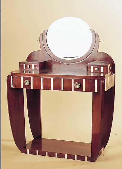 FRISIERTISCH, FRANKREICH, UM 1928-35, PALISANDERFURNIER MIT ELFENBEINAPPLIKATIONEN, FACETTIERTER SPIEGELEINSATZ, MAßE AUF ANFRAGE