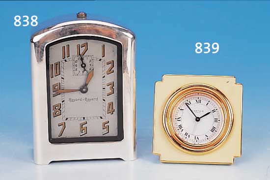WECKER, UHRENFABRIK BAYARD, FRANKR., UM 1930, METALLGEHäUSE VERCHROMT, METALLZIFFERBLATT VERSILBERT, LEUCHTZEIGERZIFFERN, STIFTENAN- KERGANG, ...