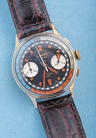 GIGANDET ARMBANDCHRONOGRAPH, REF.-NR. 901- 132, SCHWEIZ UM 1964, RG 750/000, BODEN U. GLASR. GEDR., METALLCUV. ZUR ARMIERUNG, FARBL.DIFF. ...