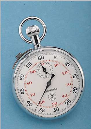 LEONIDAS EINHANDSTOPPER, REF.-NR. 379972, SCHWEIZ UM 1955, METALL VERCHR., LAGERKASTEN, EMAILBL. SIGN., 30-MIN.-STOPPZäHLER, ANKERW. M. ...