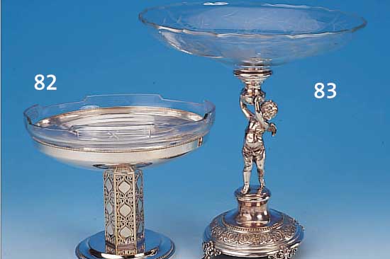 ANBIETSCHALE, DEUTSCH, WMF, UM 1910, METALL VERSILBERT, FUß IN DURCHBRUCHARBEIT, ORIG. GLASEINSATZ GESCHLIFFEN, H. CA. 19 ...