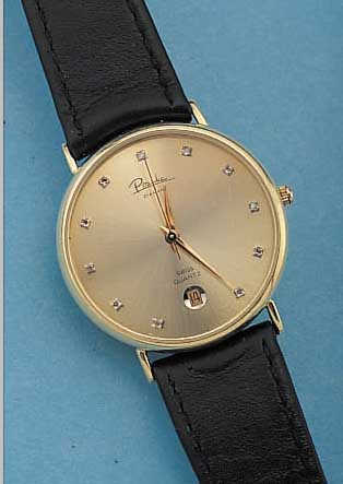 PITANKA HERRENARMBANDUHR QUARTZ, SCHWEIZ/ DEUTSCHLAND UM 1985, GG 585/000, MINERALFLACH-GL., STD.-ZEICHEN M. SCHMUCKSTEINBES., LEDERB.NUTZSP. ...