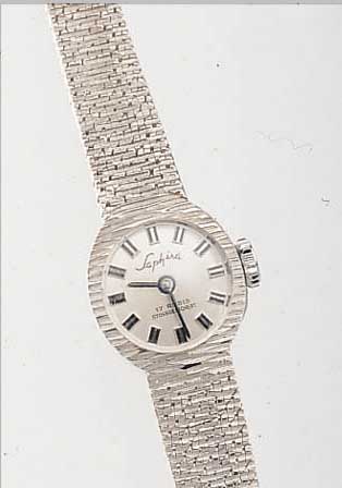 KONVOLUT: 3 DAMENGOLDBANDUHREN, WG 585/000 RHOD., 1X M. 3 DIAMANTEN, ALLE MECH. HANDAUF- ZUGKAL., UNGETR. LAGERW., UM 1980, 17 ST., STOßGES., ...