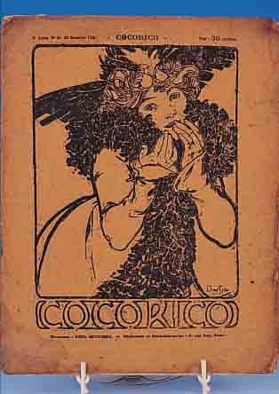 COCORICO, (SATIRISCHE ZEITSCHRIFT), 2. JAHR- GANG 1899, HEFT 24, DECKBLATT UND KOPFLEISTEVON ALPHONE MUCHA (TITEL GANZSEITIG), LEICHT GEBRäUNT ...