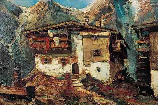 BRUCKMAIER, A., SüDDEUTSCHER KüNSTLER, MITTE 20. JH., GEHöFT IN DEN BERGEN, ÖL/MAL- KARTON, SIGN., 39 X 50 CM, PRUNKRAHMEN