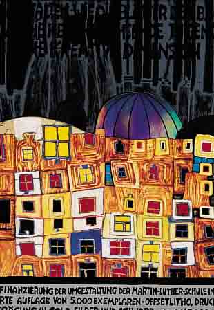 HUNDERTWASSER, FRIEDENSREICH, FARBOFFSET NACH GRAFIK BARBAKAN-CASTLE IN PLAND, NUM. 1561/5000, CA. 44 X 42 CM