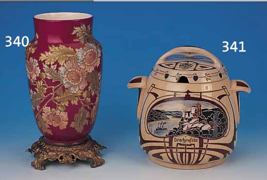BOWLEGEFäß, MERKELBACH, UM 1900-10, STEIN- ZEUG, RELIEFIERT UND BUNT BEMALT MIT DRACHEN- FELS UND GUTENFELS, HAARRIßIG, H. CA. 28 CM