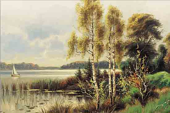 ELLERTSEN, HANS, SKANDINAVISCHER KüNSTLER DES 19./20. JH., HIER: BIRKEN AN EINEM SEE MIT SEGELBOOT, ÖL/LWD., MONOGR. U. DAT. (19)07, ...