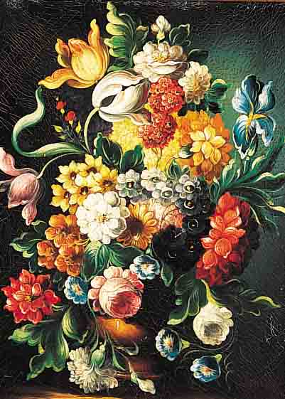 FRANZöSICHE SCHULE D. 18. JH., PRACHTVOLLES BLUMENSTILLEBEN MIT TULPEN, ROSEN UND LILIEN, ÖL/LWD. (DOUBL.), UNSIGN., 51 X 41 CM, R.