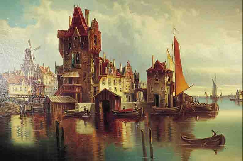 HOFMANN, KARL, *1843 NEUPLACHOWITZ - 1901 WIEN, HOLLäNDISCHE STADT AM WASSER, ÖL/LWD., SIGN. MIT DEM ...