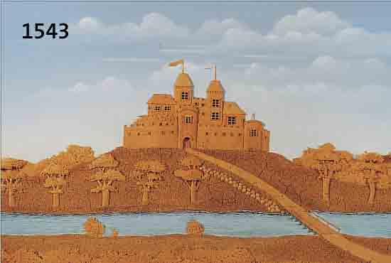 KORKBILD, DEUTSCH, UM 1870, RELIEFIERTE DARSTELLUNG EINER BURG AM FLUß, CA. 28 X 39 CM, PP, U.GL., R.