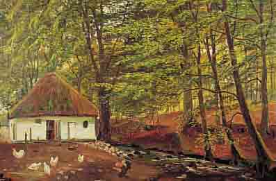 NIELSEN, REINHOLD, DäNISCHER MALER, 1. HäLFTE 20. JH., GEHöFT AM WALDRAND MIT GäNSEN UND HüHNERN, ÖL/LWD, RE. U. SIGN., CA. 50 X 65 CM,R.