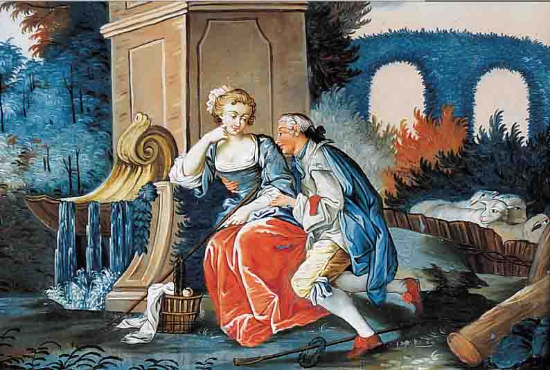 HINTERGLASMALEREI, AUGSBURG, UM 1770-80, CA. 23 X 29 CM, R., GALANTES PAAR AM BRUNNEN, QUALITäTVOLLE DIFFERENZIERTE MALEREI, EHEMALS SCHLOß ...