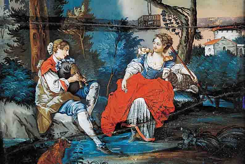 HINTERGLASMALEREI, AUGSBURG, UM 1770-80, CA. 23 X 29 CM, R., GALAN SPIELT DUDELSACK FüRSCHäFERIN, FEINE QUALITäTVOLLE MALEREI, MEHR- FACH ...