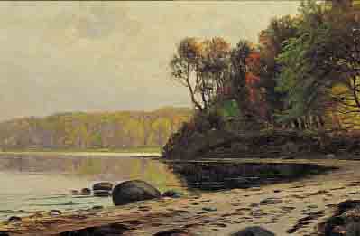 JACOBSEN, A., DäNISCHER MALER, BAUMBESTANDENE KüSTE, ÖL/LWD, LI. U. SIGN., CA. 25 X 53 CM, R.