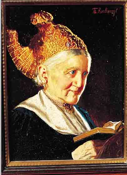 RECKNAGEL, THEODOR, MüNCHENER GENREMALER DES 19./20. JH., NACHGEWIESEN NOCH UM 1930, HIER: BäUERIN MIT LINZER GOLDHAUBE UND GEBET- BUCH, ...