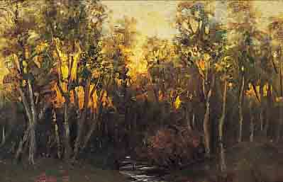 SCHNABEL, HEINRICH, MüNCHENER KüNSTLER, UM 1900, WIRKTE IN DER NEUEN KüNSTLER- VEREINIGUNG, HIER: SONNENUNTERGANG IM WALD, ...