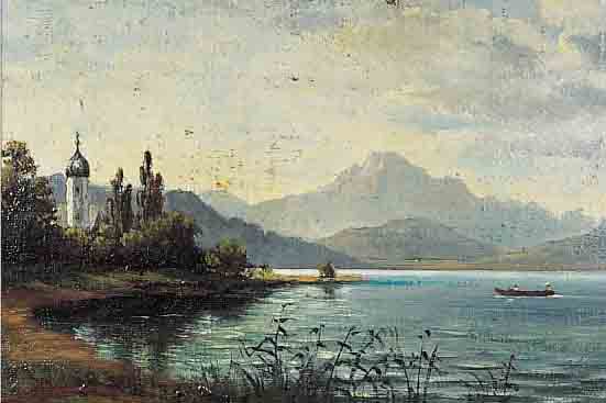 SCHWAB, MAX, SüDDT. LANDSCHAFTSMALER, ENDE 19. JH., ZWEI GEGENSTüCKE, HIER: BODENSEE MIT BOOTEN IM SCHILF, BZW. STARNBERGERSEE MIT KAPELLE AM ...