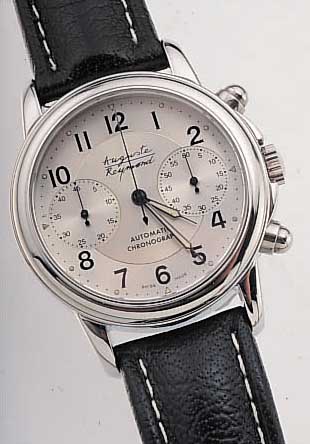 AUGUSTE RAYMOND ARMBANDCHRONOGRAPH, REF.-NR.69145, SCHWEIZ UM 1997, EDELST. POL., BEIDS. SAPHIRVERGL., VERS. KONTRASTZIFFERBL., ...