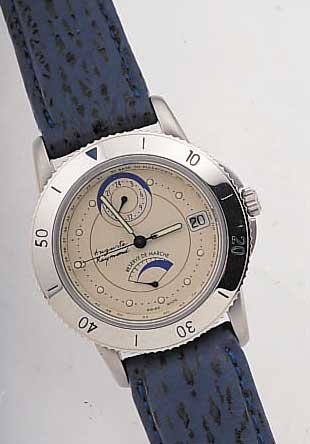 AUGUSTE RAYMOND HERRENARMBANDUHR GANGRESERVE, REF.-NR. 39113, SCHWEIZ UM 1997, EDELST. MATT., BEIDS. MINERALFLACHVERGL., LüNETTE RAST. ...