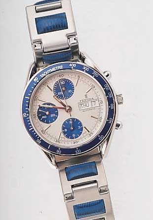 FESTINA ARMBANDCHRONOGRAPH, REF.-NR. 5258, SCHWEIZ UM 1995, EDELST. POL., MINERALFLACH- GL., EDELST.-LEDER-KOMBIBAND, SICHERHEITS- FALTSCHL., ...