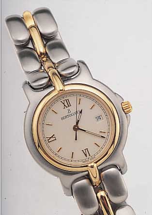 BERTOLUCCI DAMENARMBANDUHR PULCHRA, REF.-NR.129/8055/49, SCHWEIZ UM 1990, EDELST. MATT. INCL. EDELST.-BAND M. UNSICHTB. FALTSCHL., KRONE, ...