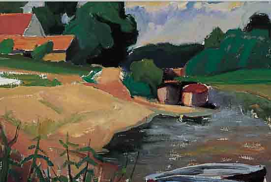 UNBEK. KüNSTLER UM 1930, SOMMERLICHE FLUSS- LANDSCHAFT MIT BOOTEN UND VOR ANKER LIEGENDEN SCHLEPPKäHNEN, ÖL/MALKARTON, UN- SIGN., ...