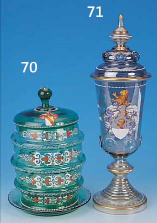 DECKELPOKAL, FRITZ HECKERT, UM 1900-1905, FARBLOSES GLAS, AUFGESETZTE NOPPEN, REICHE BUNTE EMAILMALEREI VON WAPPEN UND ...