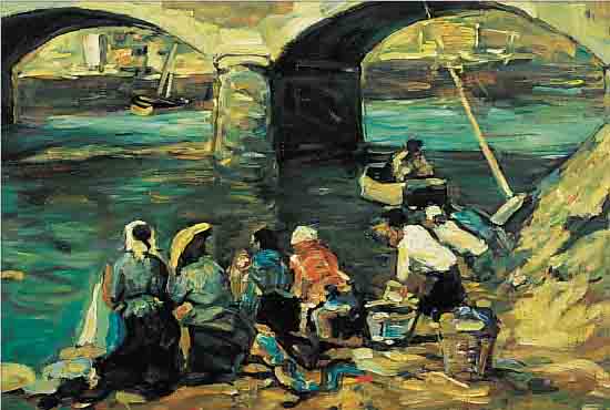 VICHY, B., WOHL FRANZöSISCHER KüNSTLER, ANFANG 20. JH., HIER: MENSCHEN AM FLUSS, ÖL/LWD., SIGN., 50 X 61 CM, R.