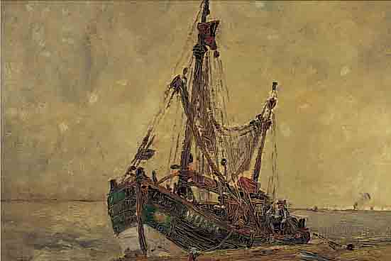 VOLBRECHT, ERNST, *1877 HANNOVER, WIRKTE IN HAMBURG, HIER: KüSTENSZENE MIT FISCH- KUTTERN, ÖL/LWD./MALKARTON, SIGN., R. CA.33 X 44 ...