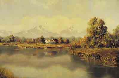 WAGNER, HANS, VORALPENLANDSCHAFT IM FRüHLINGMIT SEE IM VORDERGRUND, ÖL/HARTFASER, SIGN., 60 X 80 CM, R. (L. BESCH.)